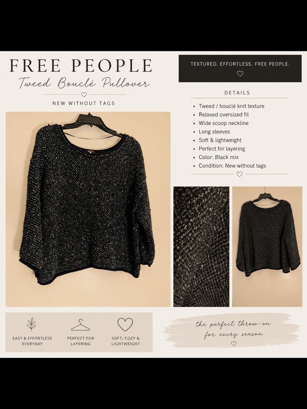 Free People - Tweed Boucle Pullover, Size Medium, Dark Blue, NWOT